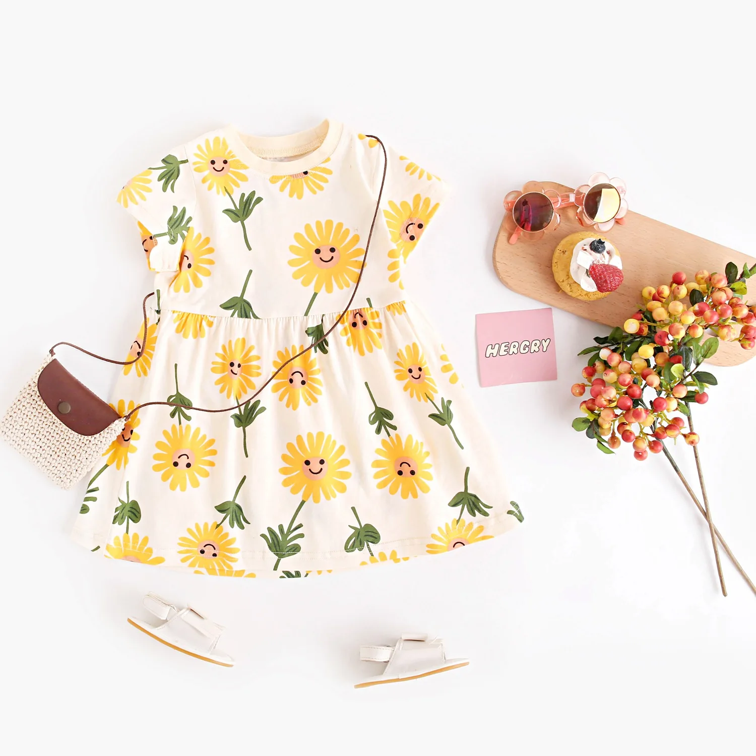 Sanlutoz Summer Little Girls Cute Sunflower Printing Dresses Casual Children Clothing