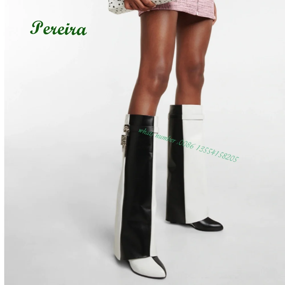 Padlock Leather Knee High Boots Round Toe Black and White Flanging Wedges Mixed Color 2022 New Arrival Elegant Luxury Casual