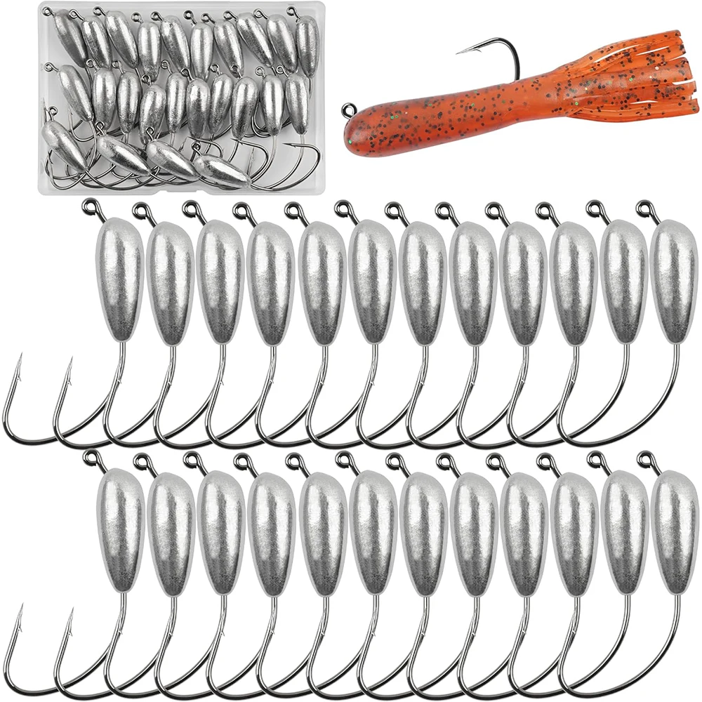 24Pcs Fishing Tube Jig Head Hooks Saltwater Weighted Swimbait Jig Hooks Water Drop Unpainted Tube Baits Jig for Bass