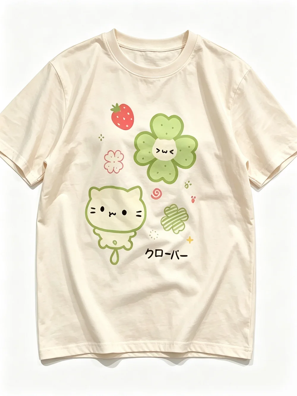 2026 Pastellgrünes Kawaii-Katzen-T-Shirt mit vierblättrigem Kleeblatt, japanischem Text und Erdbeer-Grafik, sommerlich, lässig, locker geschnitten, Damen-Oberteil – Detail 4