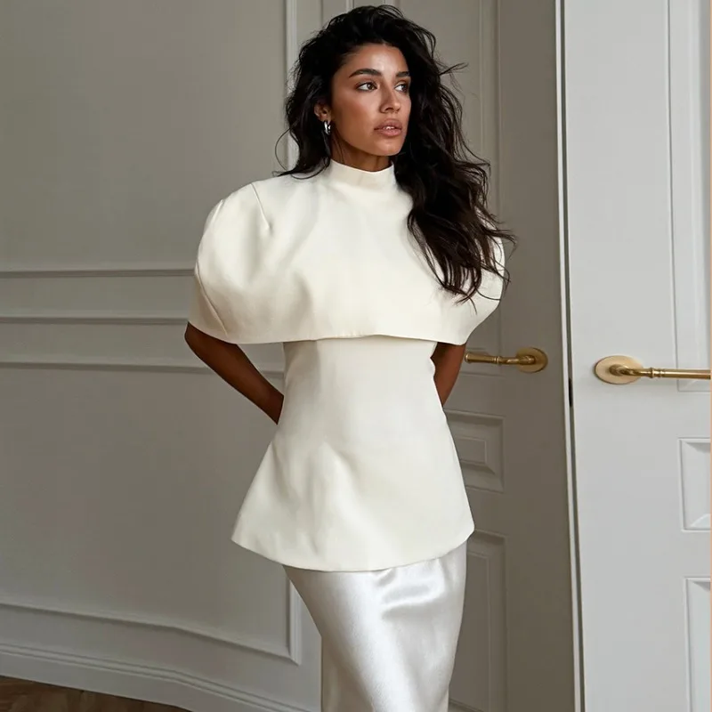 Women Elegant High Neck Cape Two Piece Set Luxury Minimalist Slim Fit Top Solid Office Commuter Outfit Spring Summer Fashion