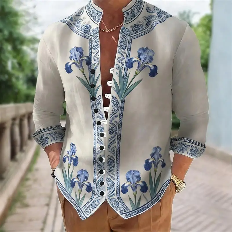 New men's Long Sleeved Shirt With Harajuku Style 3D Flower Print Long Sleeved Color Block Pattern Top Shirt
