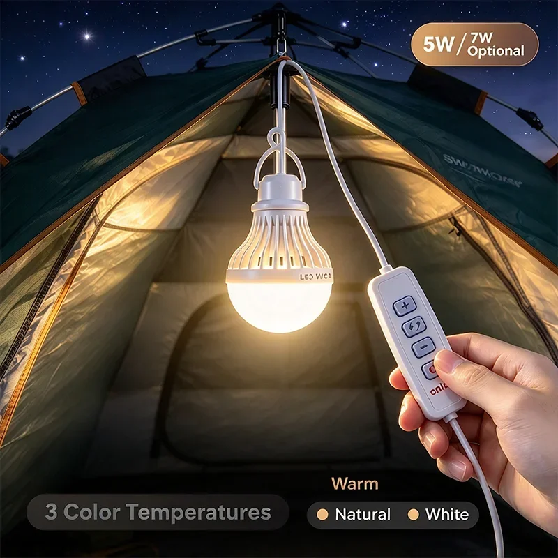 USB 5V LED Bulb Dimmable 5W 7W Portable Hanging Light, Night Market Stall Lamp, Camping BBQ Outdoor Emergency Light