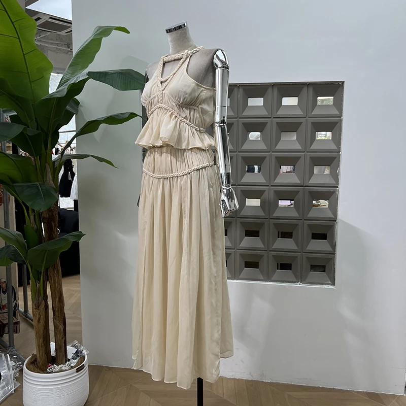 KBQ Spliced Folds Set for Women Round Neck Sleeveless Tunic Tops High Waist Spliced Folds Loose Long Pants Chic Set Female New