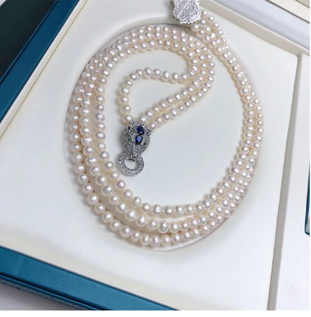 3-Row Pearl Necklace AAA6-7mm Natural White Japanese Akoya Pearl Necklace 925s, 40-45-50cm