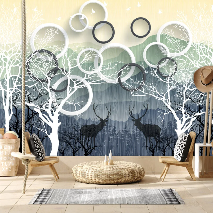 

Пользовательские обои Peel and Stick для гостиной, бумага, домашний декор, ремонт, черный, белый цвет, горный круг, олень, современные фрески для дивана