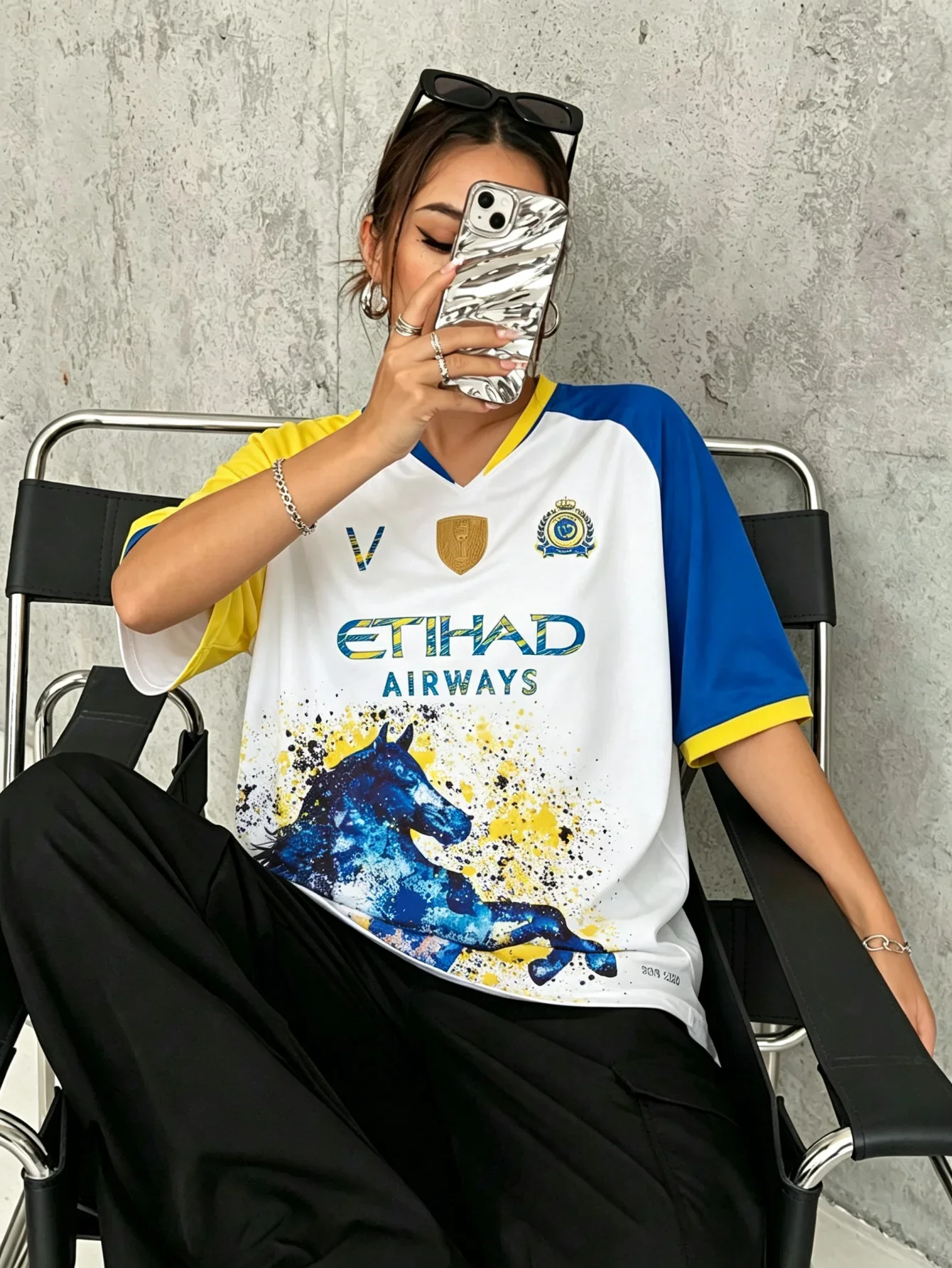 Men Children Al Nassr Special Football Jersey V‑Neck Short Sleeve Soccer Tee Casual Saudi Arabia Horse Splash Print for Fan