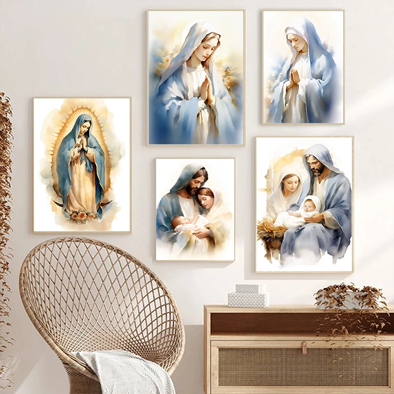 Virgin Mary and Child Jesus Catholic Watercolor prayer Poster Print Wall Art Pictures Canvas Painting Living Room Home Decor