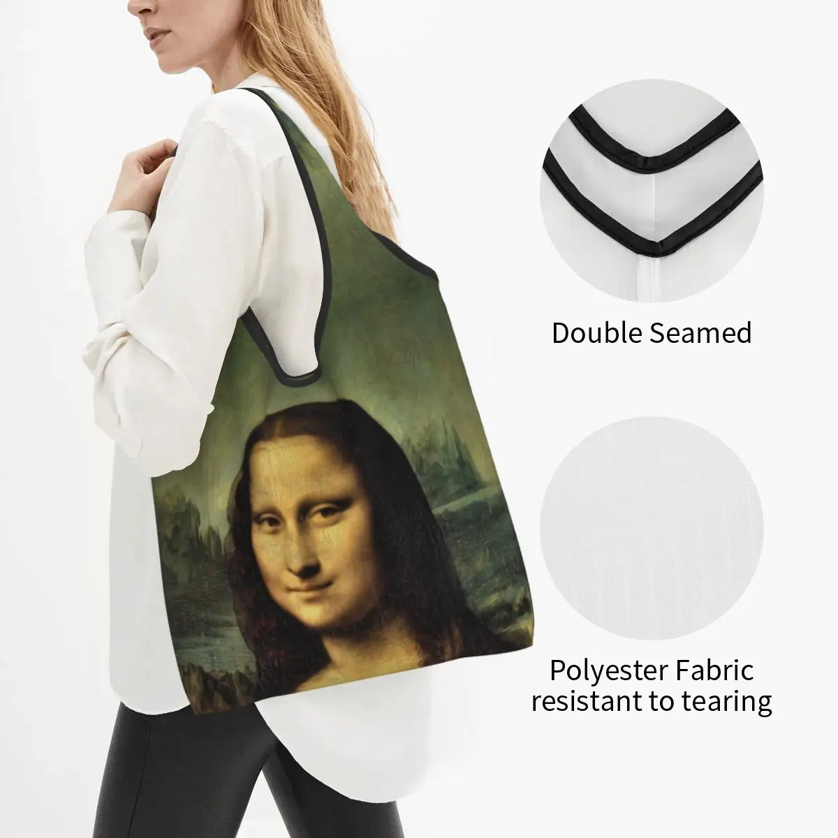 Custom Classic Mona Lisa By Leonardo Da Vinci Groceries Shopping Bags Shopper Shoulder Tote Bag Portable Painting Art Handbag