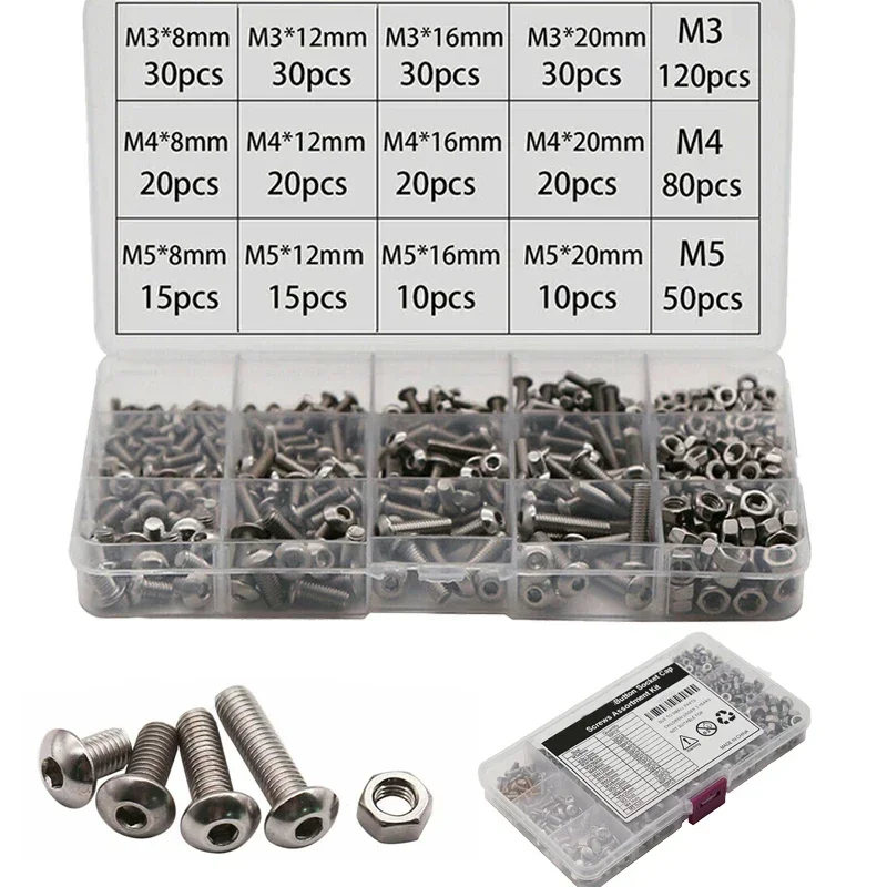 500pcs M3 M4 M5 Stainless Steel Hex Button Socket Head Cap Screw Nut Hexagon Metric Thread Machine Bolt Assortment Kit Set