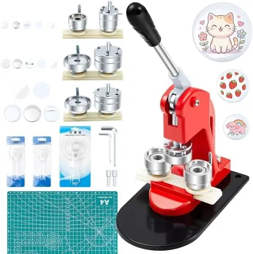 

Машина для изготовления значков Lounsweer (1, 1.25, 2.25 дюйма) - 300 комплектов расходных материалов, круглый резак, коврик для резки, пресс для значков