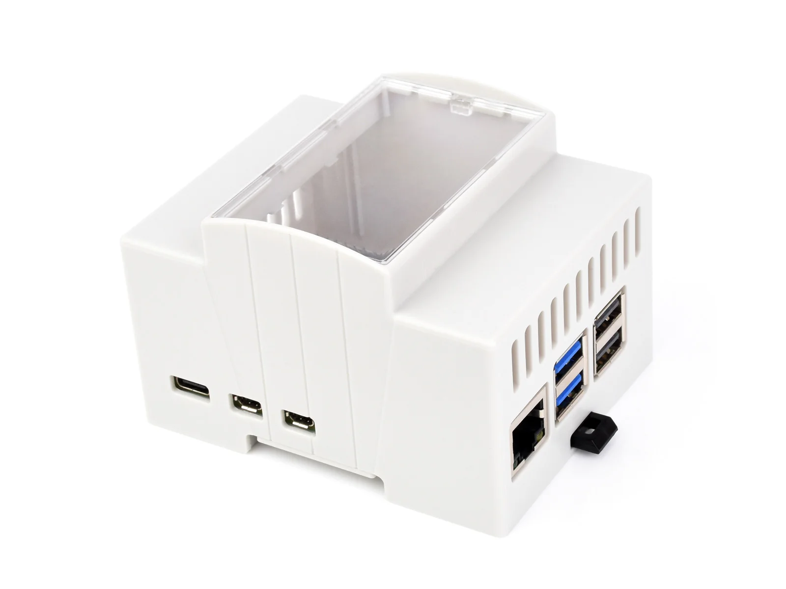 Waveshare DIN rail ABS Case for Raspberry Pi 5, large Inner Space, Injection Moduling ABS Body With Rail Mount Support