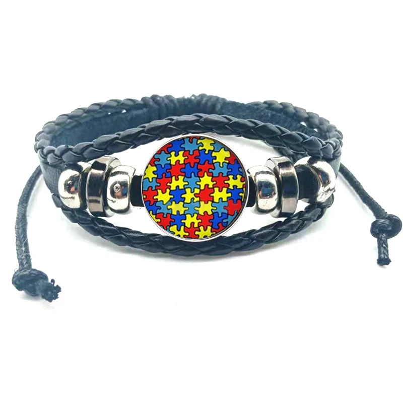Autism Awareness Bracelet Holder Red Ribbon Puzzle Love Cabochon Glass Multilayer Charm Leather Bracelet Men Women Jewelry Gifts image 2