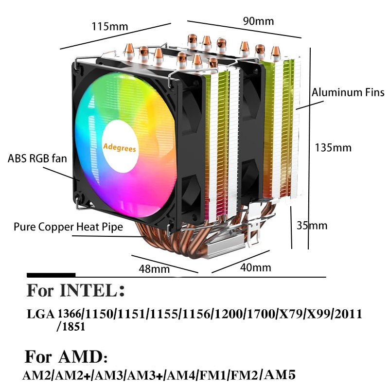 Chłodzenie procesora AM4, 6 heatpipe'ów, wentylator RGB 4PIN do procesorów Intel LGA 1366 1151 1155 1200 1700 2011 X79 AMD AM3 AM5