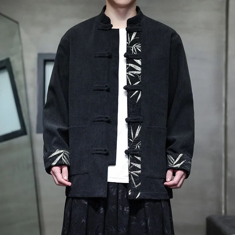 Men New Corduroy Tang Suit Casual Coats Mens Bamboo Embroidery Jacket Patchwork Autumn Winter Chinese Style Jacket