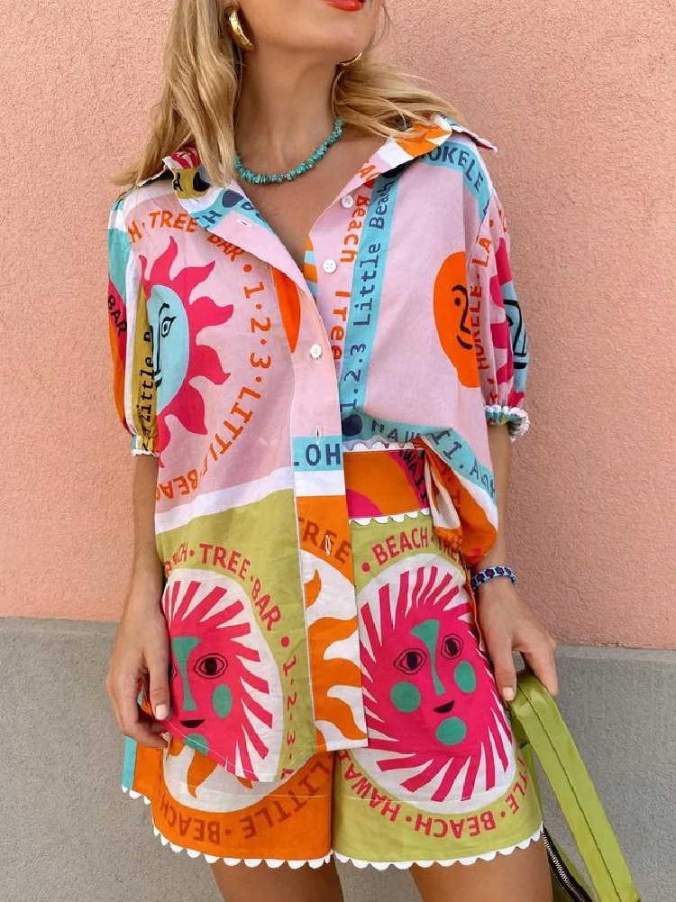 Set da due pezzi stampato hawaiano da donna, camicia a maniche corte, camicia, Top, pantaloncini larghi, abbigliamento da spiaggia, abbigliamento