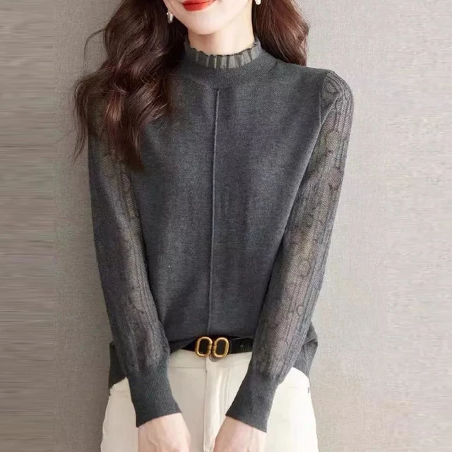 Odzież dla kobiet Wiosna Jesień Moda Ruffled Hollow Swetry z dzianiny z długim rękawem Eleganckie, luźne, podstawowe pulowerowe topy