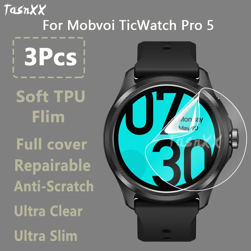 3Pcs For Mobvoi TicWatch Pro 5 SmartWatch Ultra Clear Slim Soft Hydrogel Repairable Film Screen Protector -Not Tempered Glass