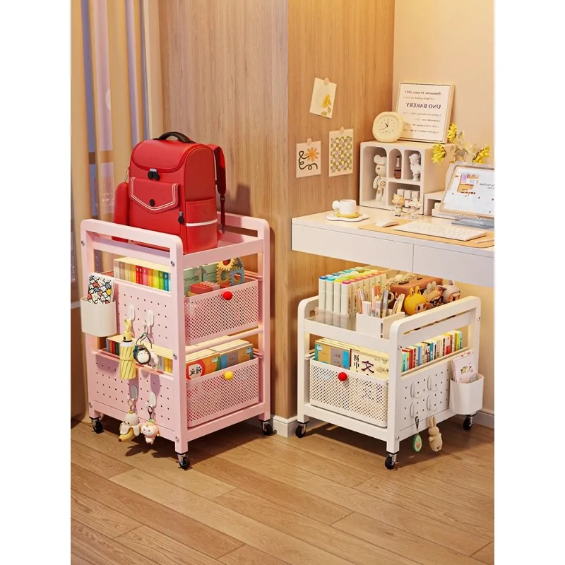 

schoolbag shelf, book storage rack, books next to the desk