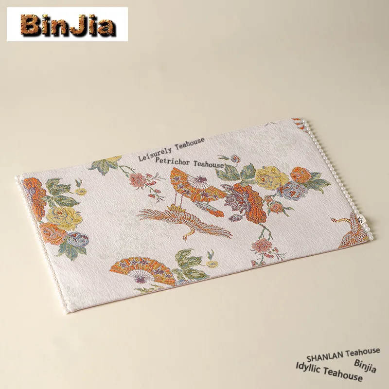 Embroidered Brocade Flower Crane Tea Table Mats Japanese Drink Coaster Household Dinner Table Cloth Mat Tea Items Equipment Gift