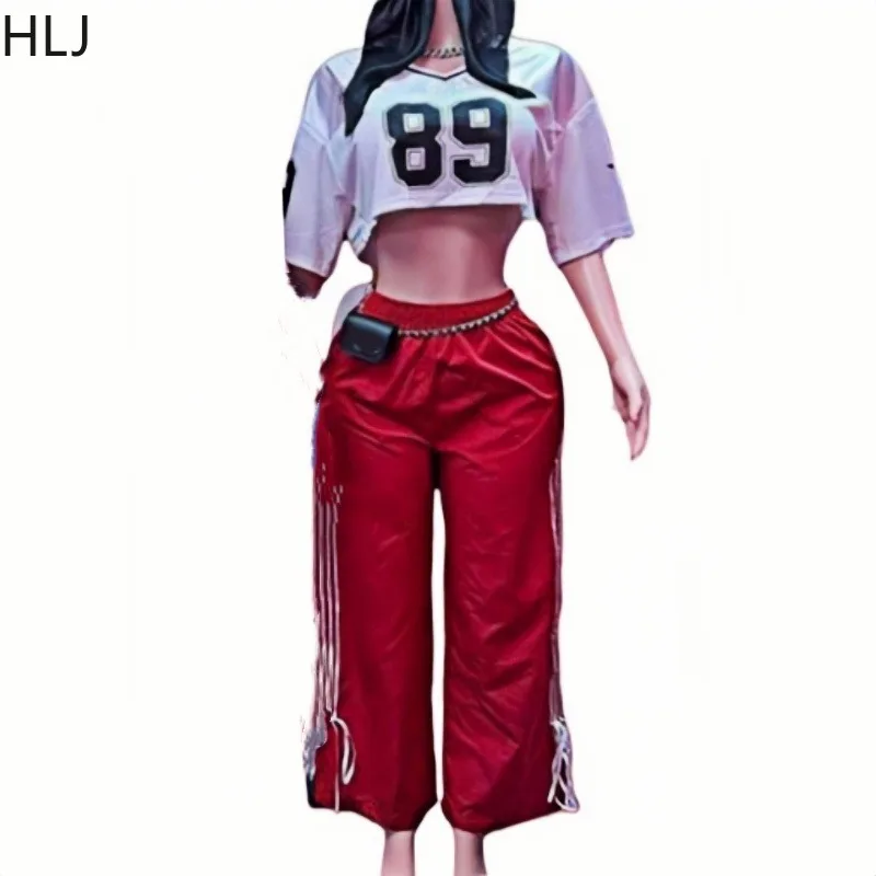 HLJ Y2K Streetwear Women V Neck Short Sleeve Letter Print Crop Top And High Waist Straight Pants Two Piece Sets Fashion Outfits