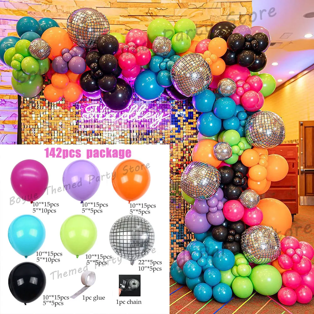 142Pcs Back to 80s 90s 4D Disco Colorful Balloons Garland Arch Retro Hip Hop Photo Props Birthday Happy New Year Party Supplies