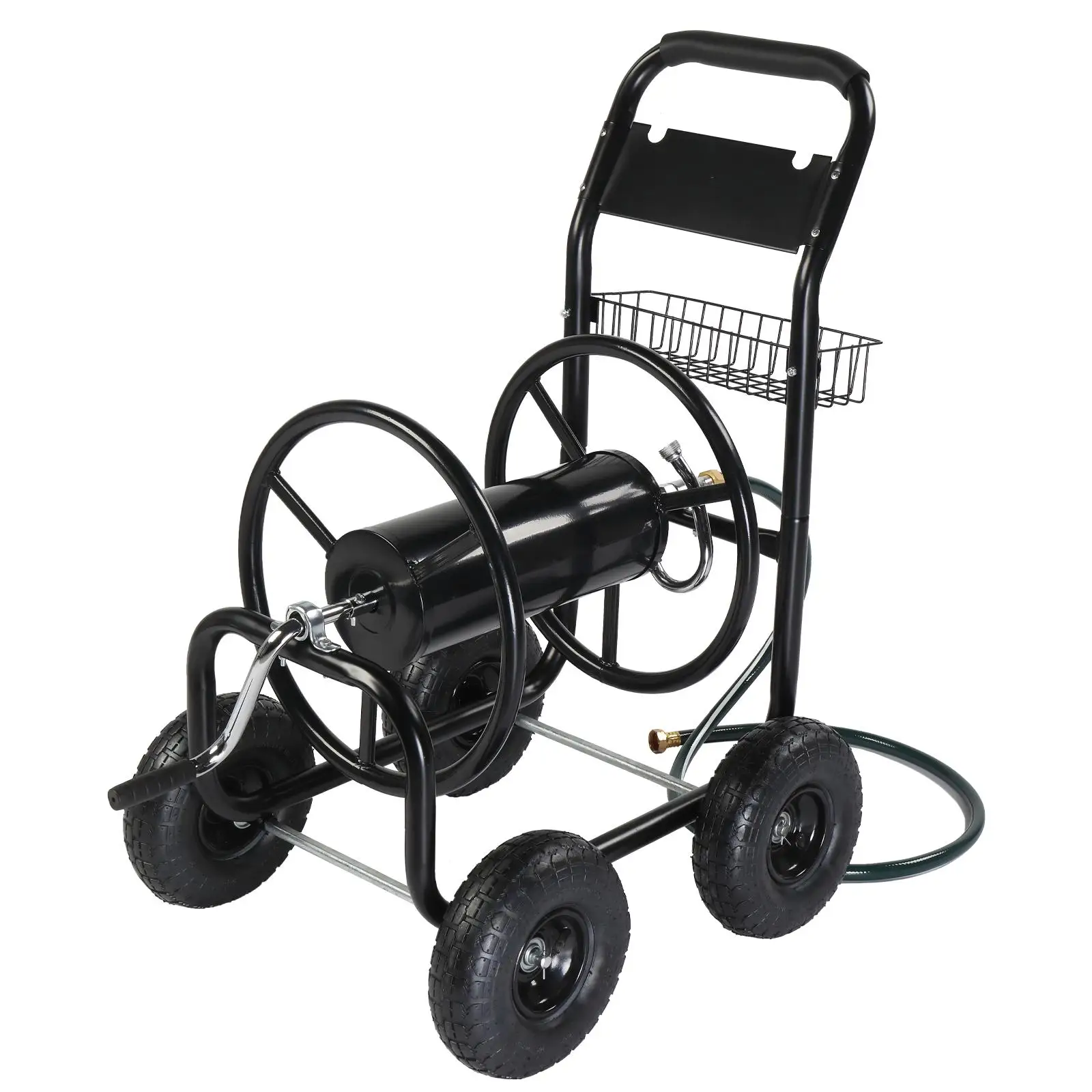 

Black Iron Water Pipe Truck with Green Spokes - 97x53x100cm Garden Hose Holder