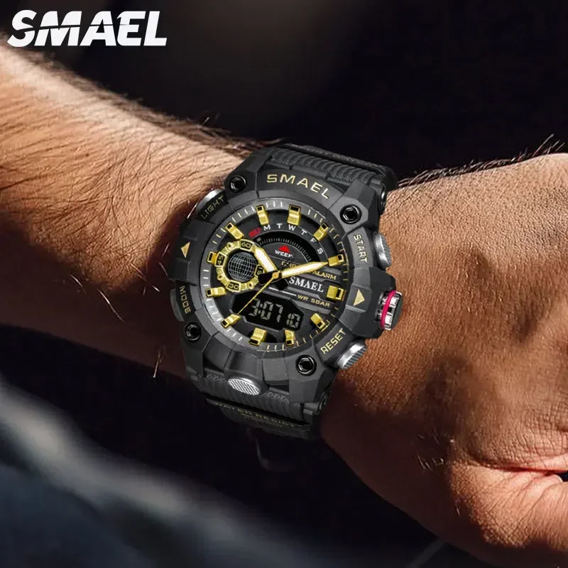 SMAEL-Reloj de pulsera deportivo para hombre, cronógrafo Digital con luz LED y alarma, resistente al agua hasta 50M, 8040