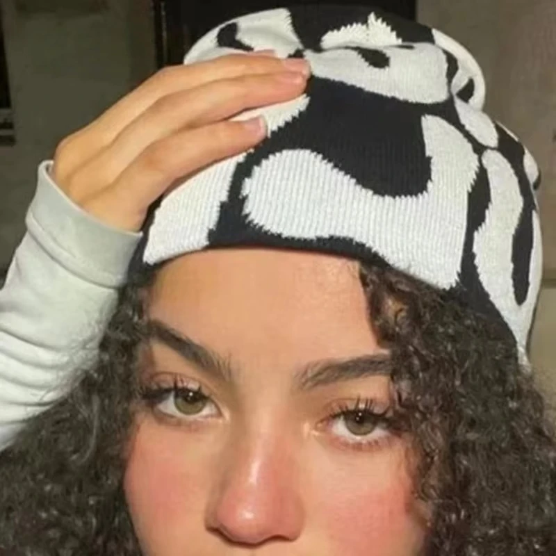 Unisex Y2K Mea Culpa Letter Kpop Beanie Hat Bold Bubble Jacquard Streetwear Stretch Fitted Elastic Skull Cap for Men Women