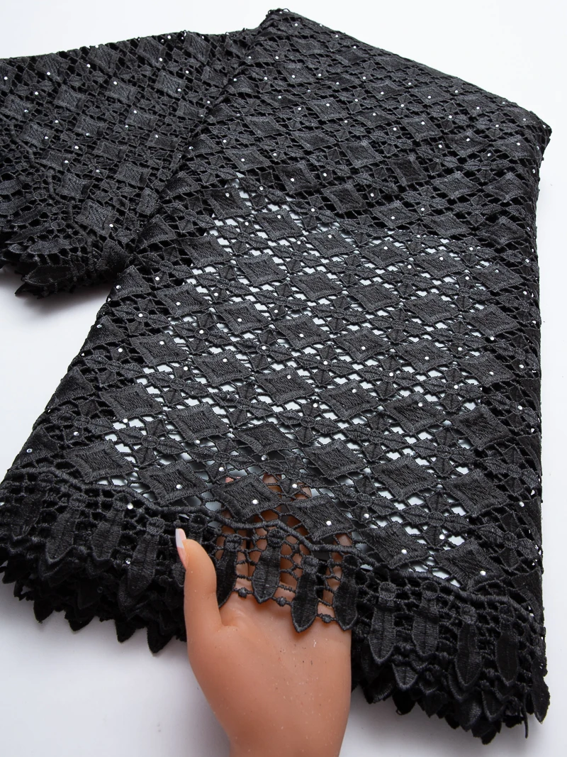 Black African Grand Wax Guipure Cord Lace High Quality Nigerian Sequins Water Soluble Lace Fabric For Sew Party Dresses,5yards