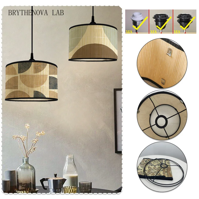 Retro Style Bamboo Lampshade Abstract Light Cover Chandelier Room Homestay Hotel Decor Art Shade Crafts Abstract Line Pattern