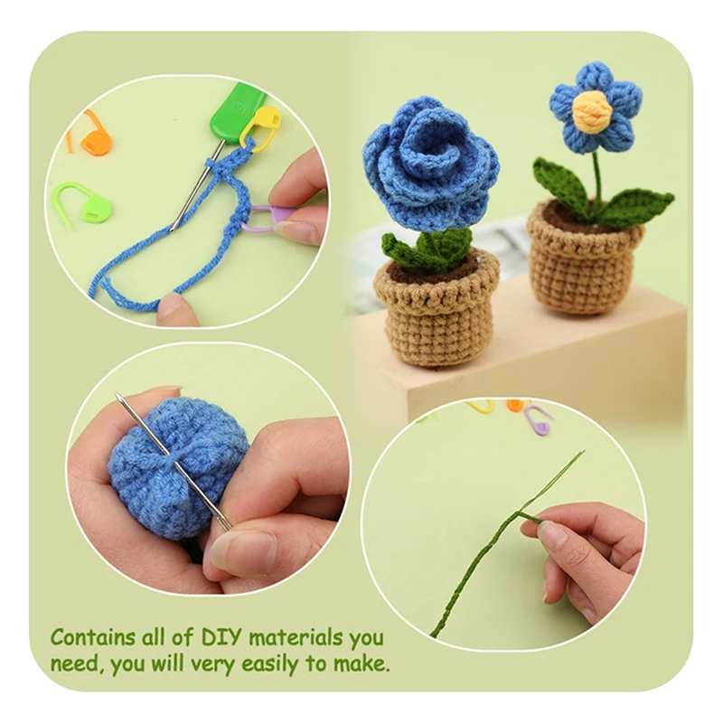 Crochet Kit DIY Blue Flower Crochet Kit With Knitting Yarn Needles Plush Doll Easy(6-In-1)