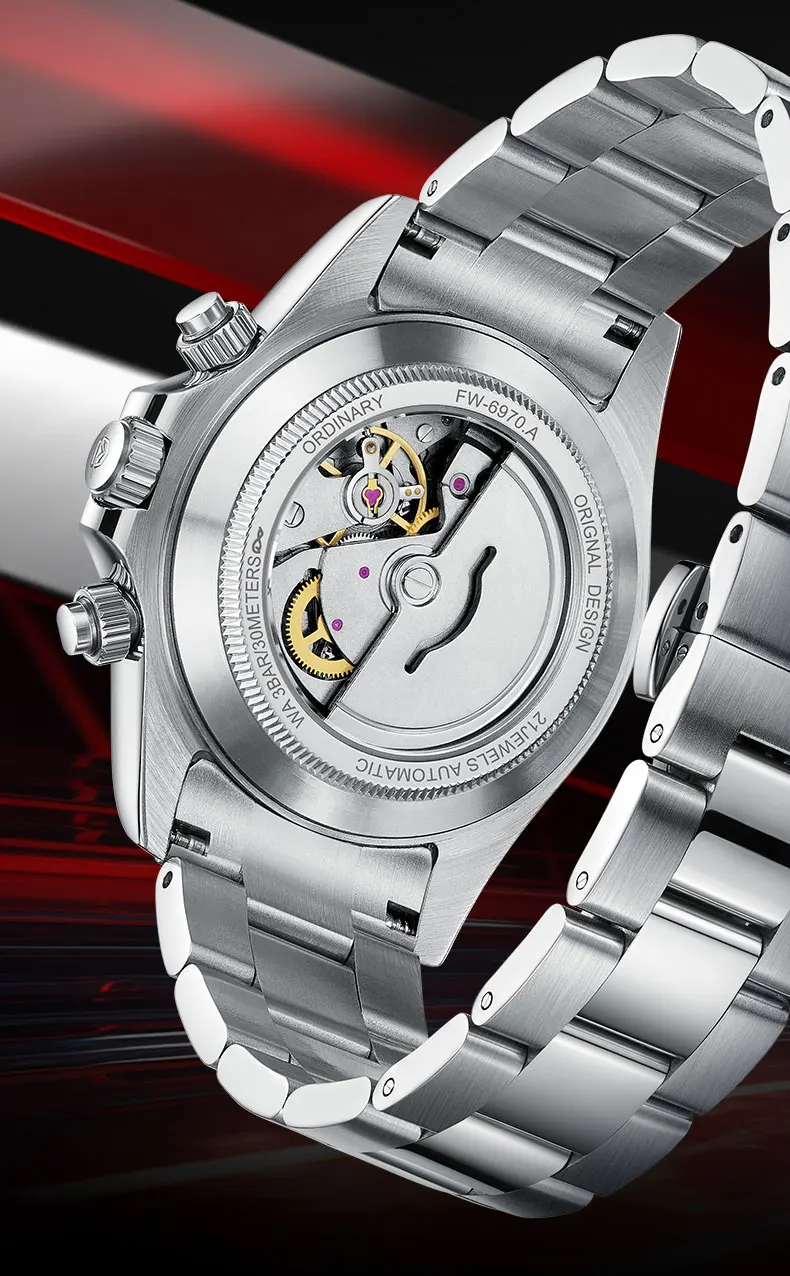 ساعة مارك فيرويل أوتوماتيكية للرجال 40 ملم ساعة يد ميكانيكية 30 متر مقاومة للماء هيكل عظمي مضيء تاريخ الأسبوع 24 ساعة