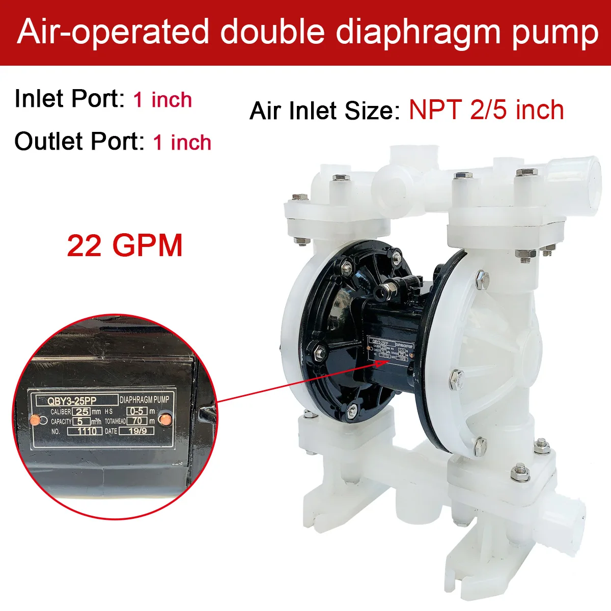 Pompa diafragma ganda dioperasikan udara pneumatik 22GPM QBY3-25APP plastik Luft Betriebene dengan Inlet dan Outlet 1 "+ Max 100 PSI