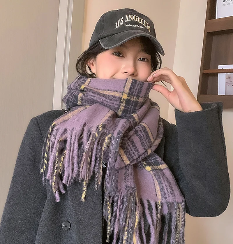 Plaid Scarf Checkerboard Soft Luxury Women\'s Winter Warm Dual Use Long Shawl Vintage Thickened Color Black Purple Brown