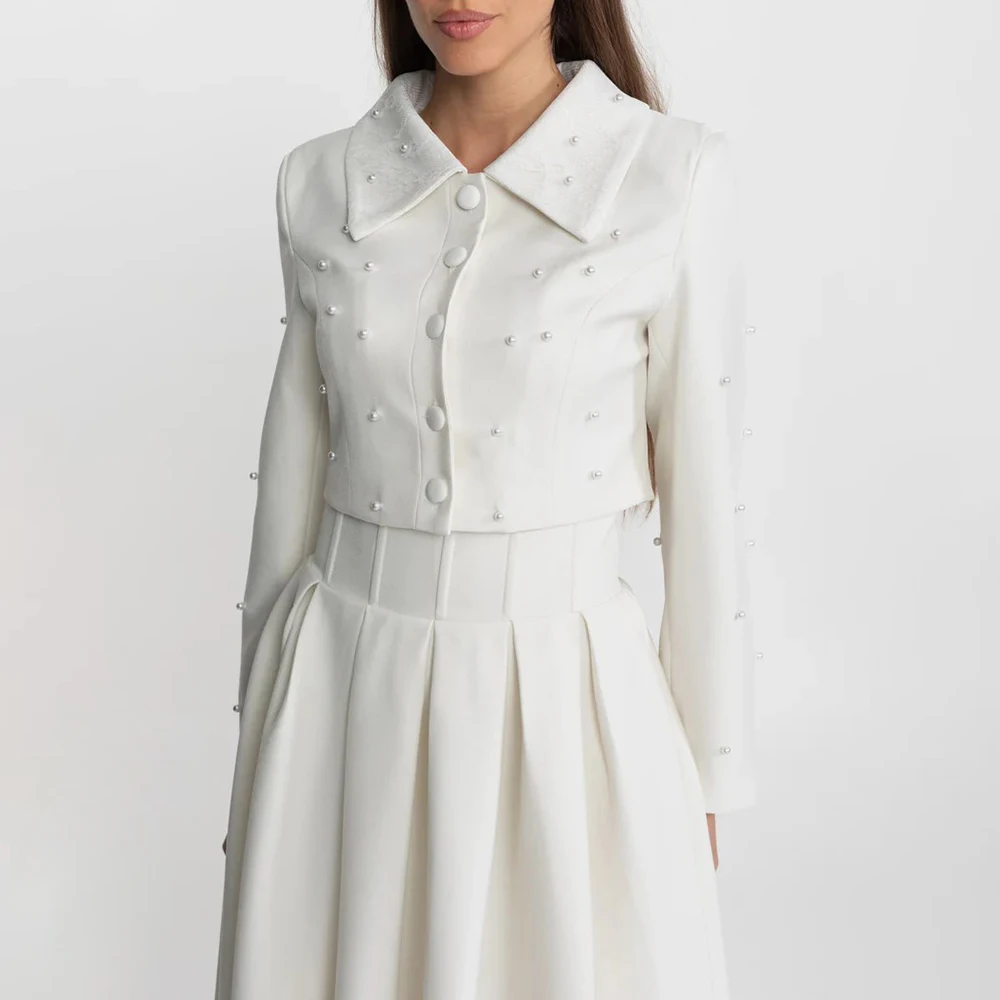 TWOTWINSTYLE Elegant Two Piece Sets for Women Lapel Long Sleeves Spliced Bead Top High Waist Patchwork Folds Skirt Set Female
