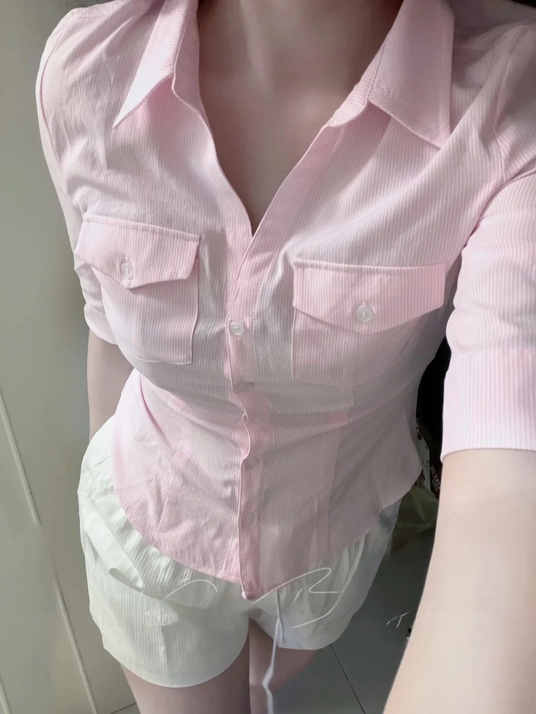 Slim Fit Striped Short Sleeve Shirt Elegant Pink Top Sexy Pure Desire Casual Style Women's T-shirt Summer Collection