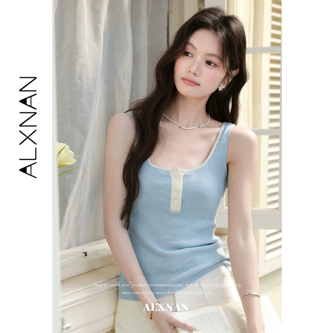 ALXNAN Blue Knitted Tank Tops Color-block Half Button Elegant U-neck Vest 2026 Summer New Basic Casual Sweet Female Tanks L62926