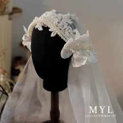 French Vintage Handmade Floral Veil Beaded Bridal Veil