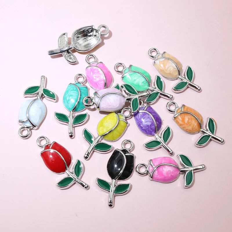 20pcs 21x10mm Enamel Rose Bud Flower Charms Pendant Alloy Metal DIY Jewelry Making Accessories Findings for Necklace Earrings - view 6