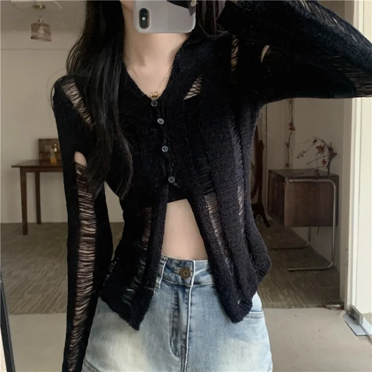 Elegant Vintage Hole Hollow Out Cardigans Y2k E-Girl Slim Fit Knitted Tops Women 2024 New Sleeve Sun Protection Coat Sweater