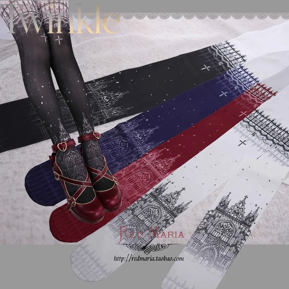 Gothic Lolita Pantyhose Tights Snowy Night Church Double-Sided Print Lo Socks Girl Women Y2K Hosiery Leggings