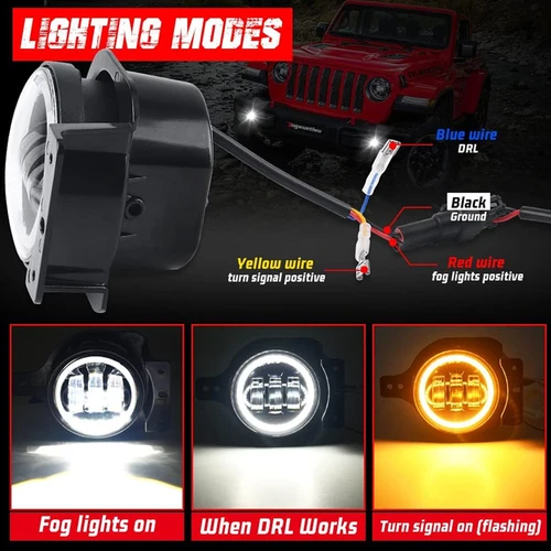 Imagen 2 del producto Luces antiniebla LED con anillo de Halo blanco, lámpara de señal de giro ámbar DRL para Jeep Wrangler JK TJ LJ Dodge Chrysler, 60W, 4 pulgadas