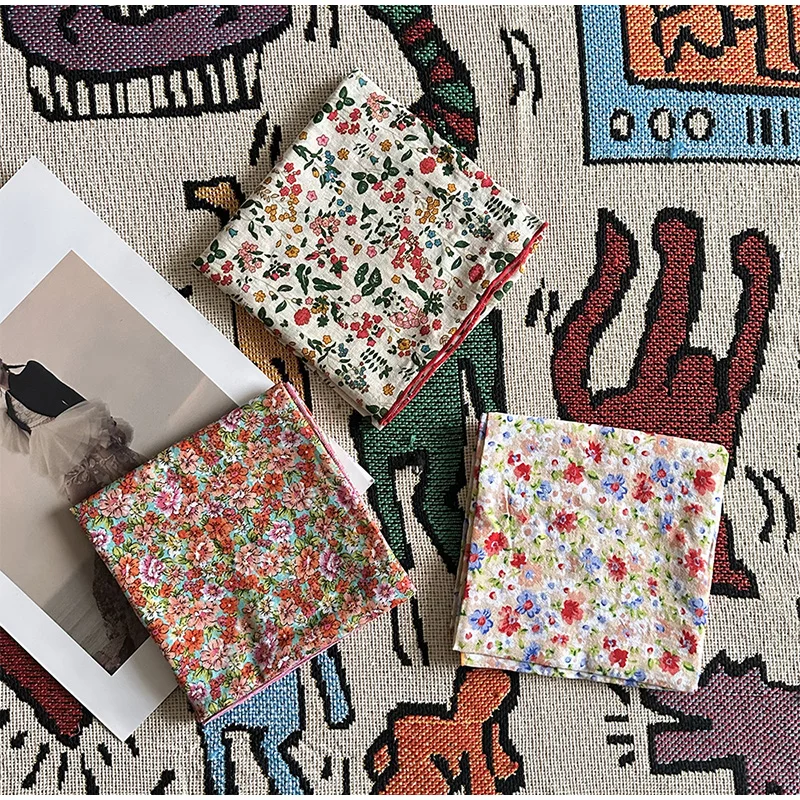 New Women Square Scarf Floral Vintage Printed Scarf Sweet Cotton Decorative Scarf Thin Spring Summer Bohemian Versatile Scarf