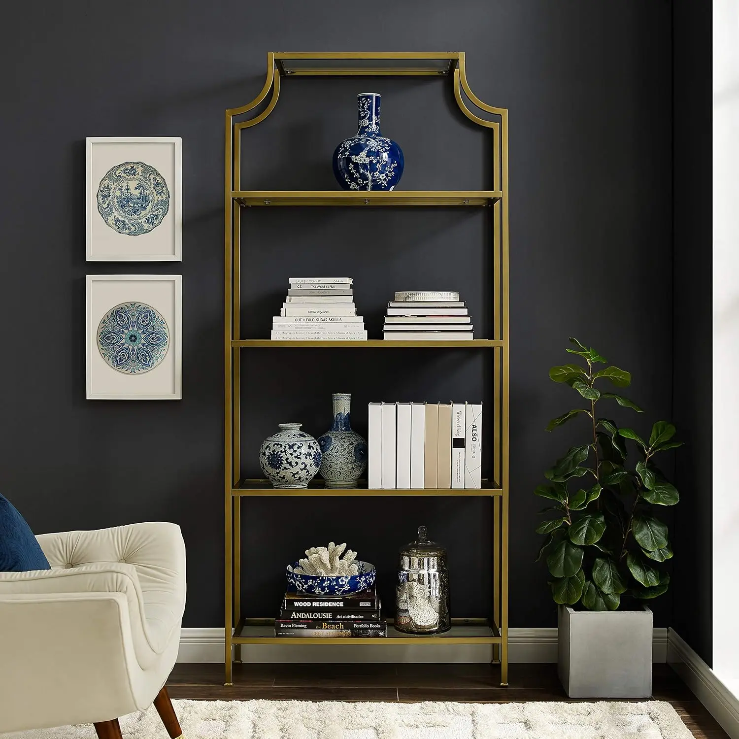 Furniture Aimee Etagere Bookcase - Gold and Glass