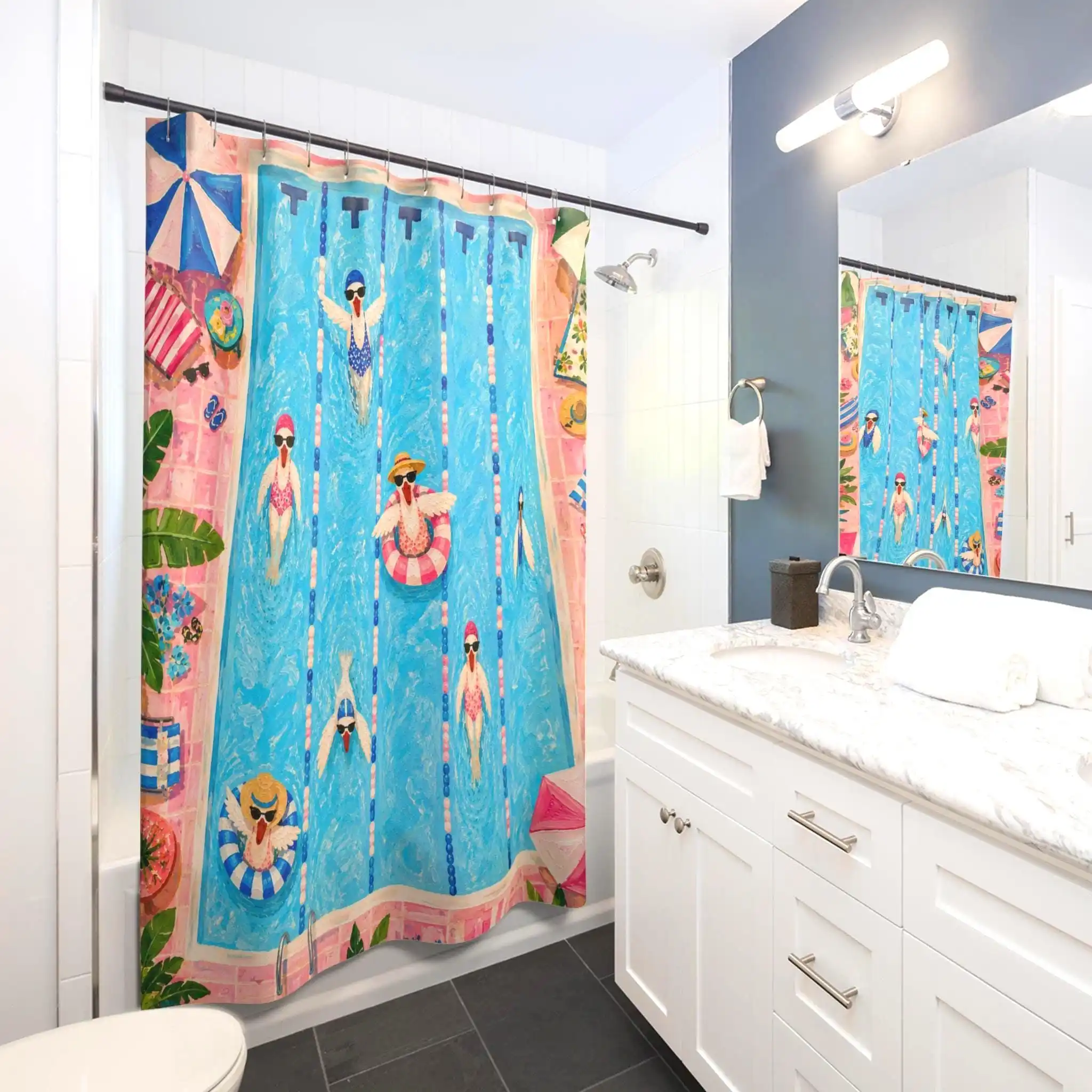 Fun Beach Day Tropical Summer Shower Curtain Bright Blue Ocean Pool Vibes Bathroom Decor