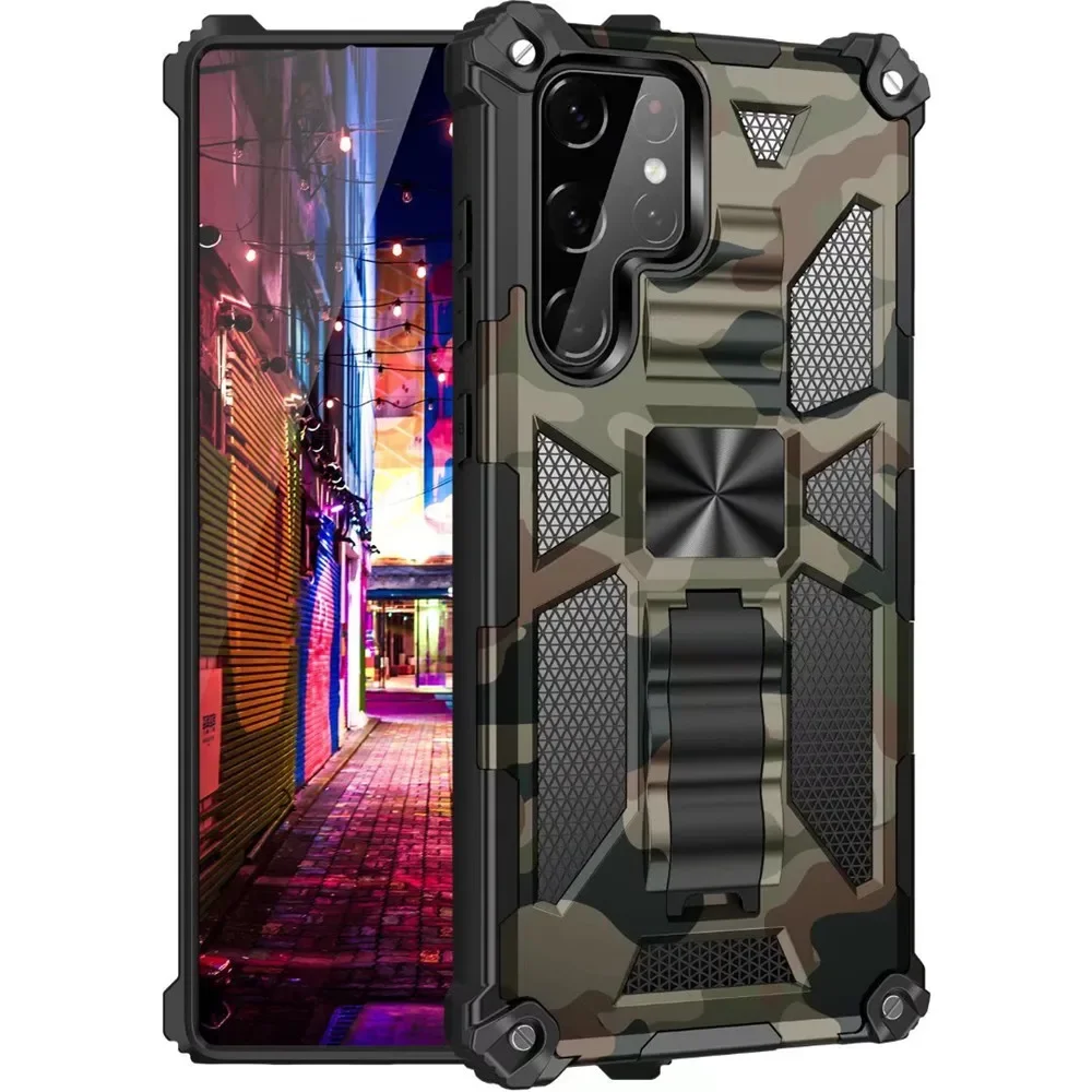 Camouflage Armor Case For Samsung Galaxy S23 S22 Ultra S21 S20 FE 5G TPU Frame Hard Plastic Hidden Kickstand Phone Back Cover