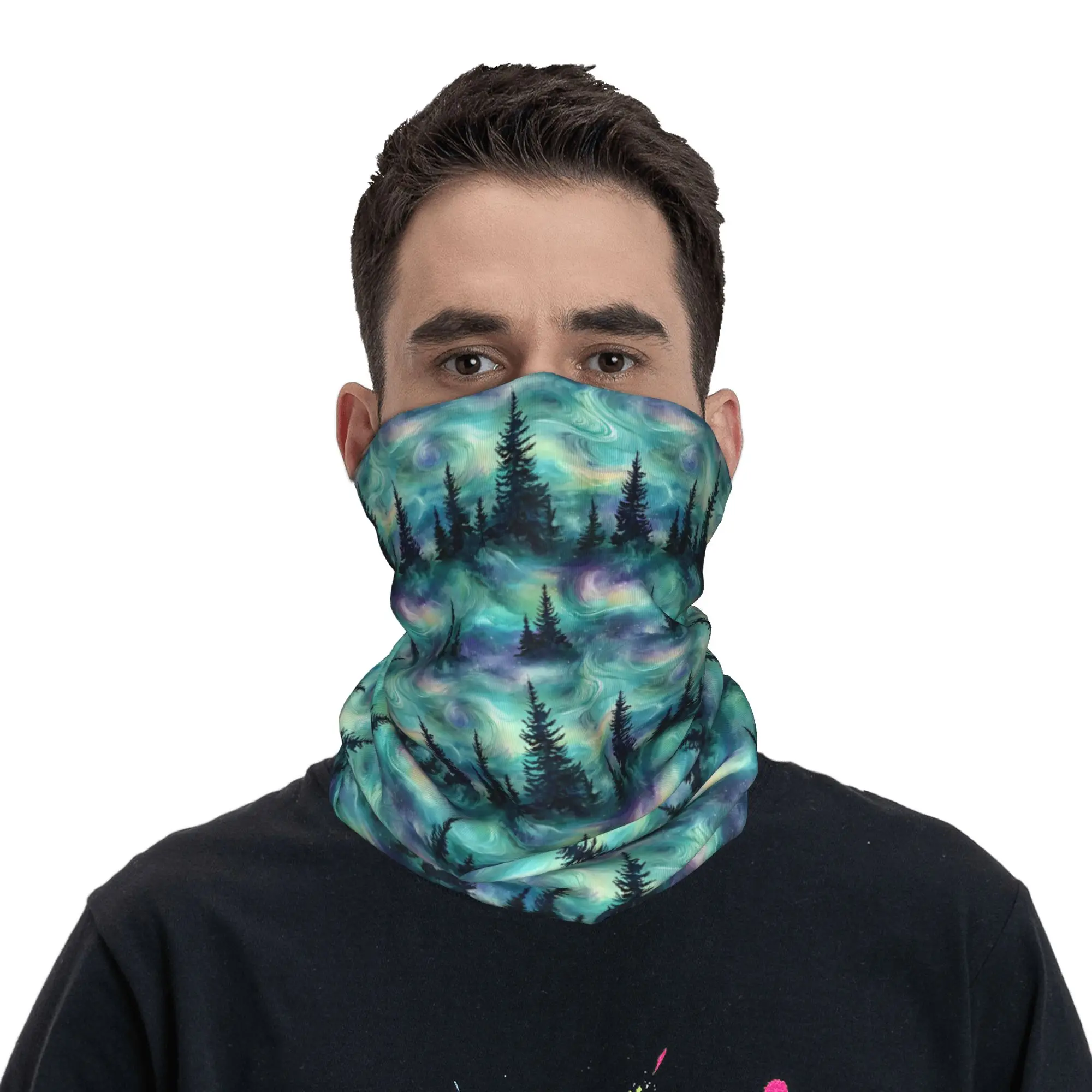 

Northern Lights Forest Pattern Bandana Neck Gaiter UV Protection Face Scarf Cover Women Men Headband Tube Balaclava