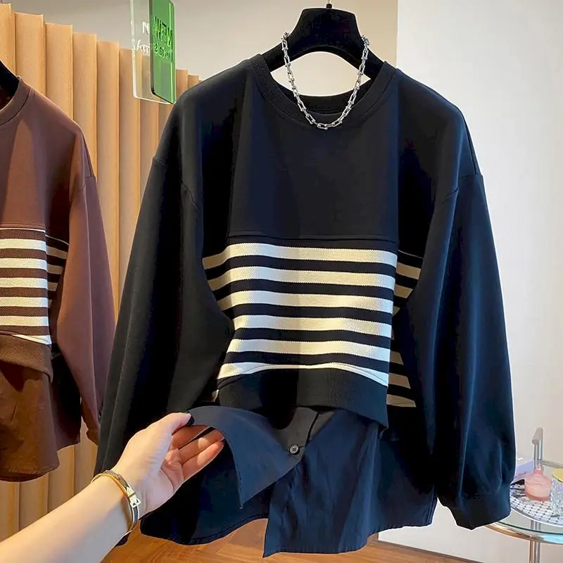 Oversized Pullovers Women Loose Casual Hem Shirt with Patchwork Striped Pullover for Men Fashion Design Tops Autumn Winter Trend