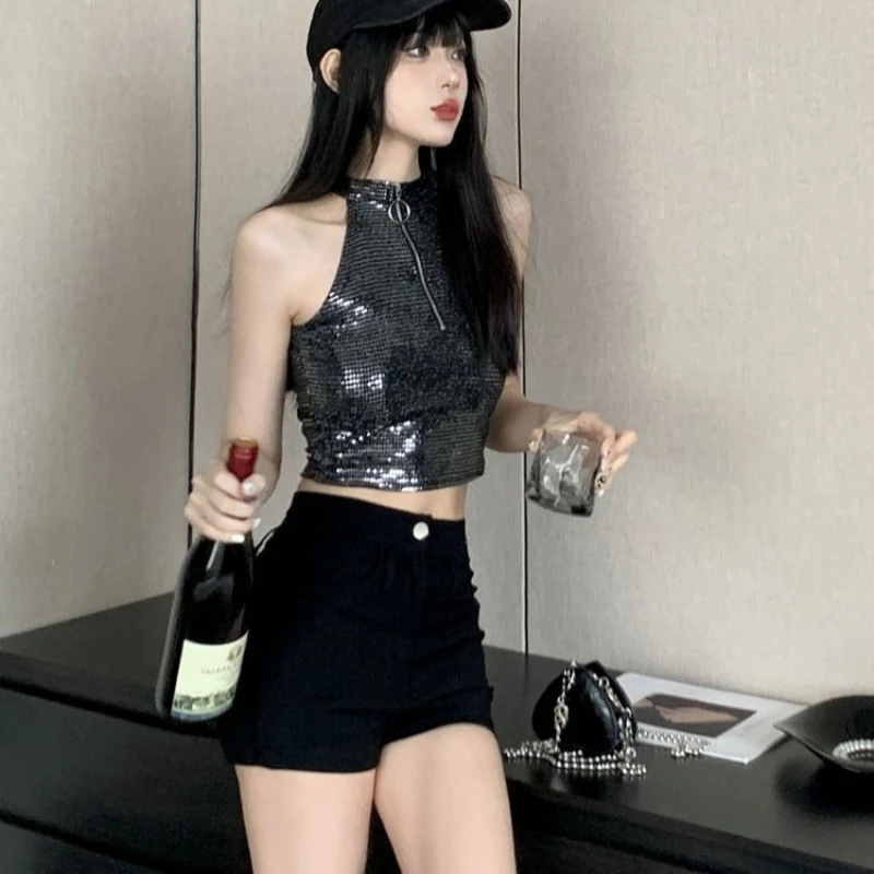 Sweet Cool Girl Style Jazz Dance Outfit Halter Neck Sequin Short Top High Waist Shorts Slimming Bodycon Women Two Piece Set